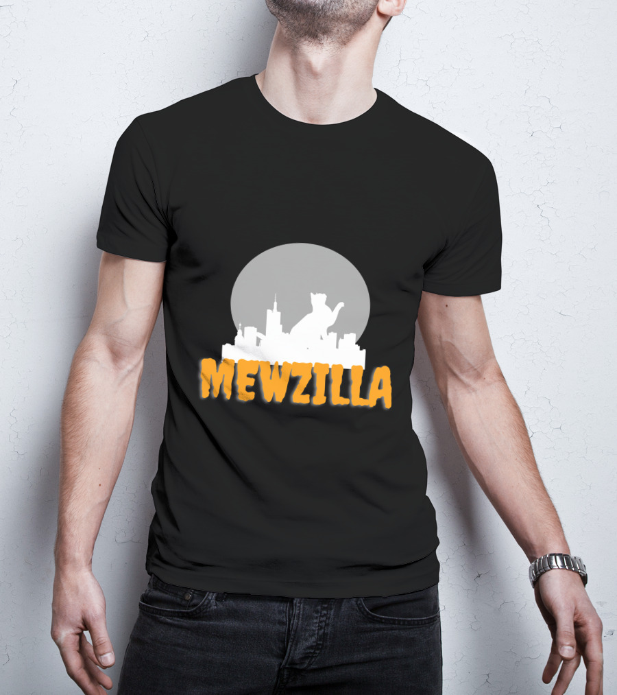 Mewzilla Cat Silhouette Over City Skyline Full Moon T-Shirt