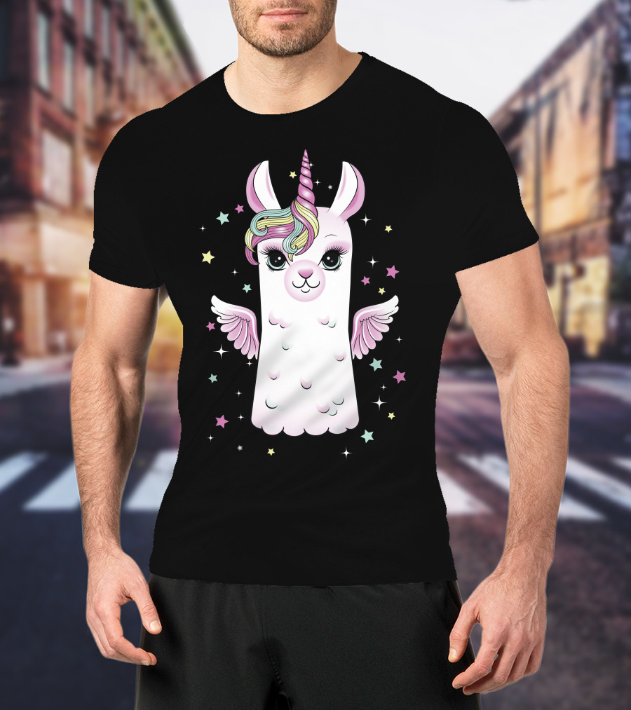 Llama Unicorn With Rainbow Mane And Wings Surrounded By Stars T-Shirt