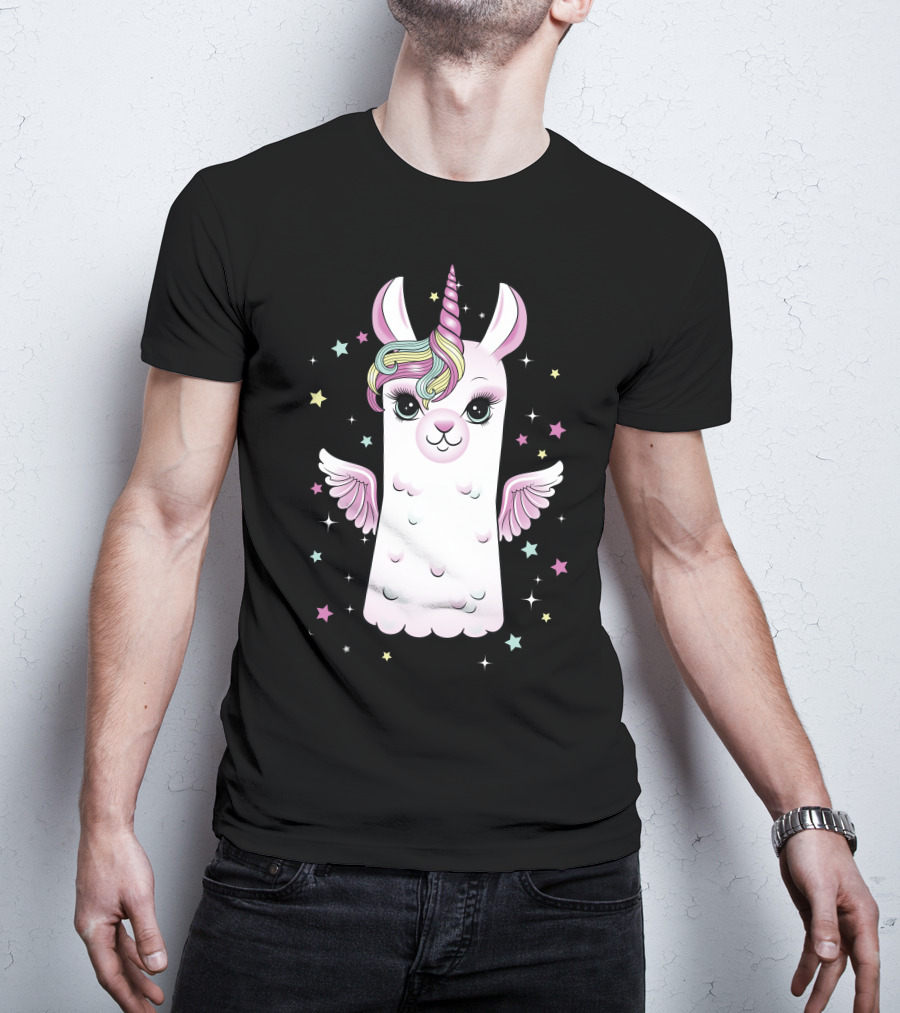 Llama Unicorn With Rainbow Mane And Wings Surrounded By Stars T-Shirt