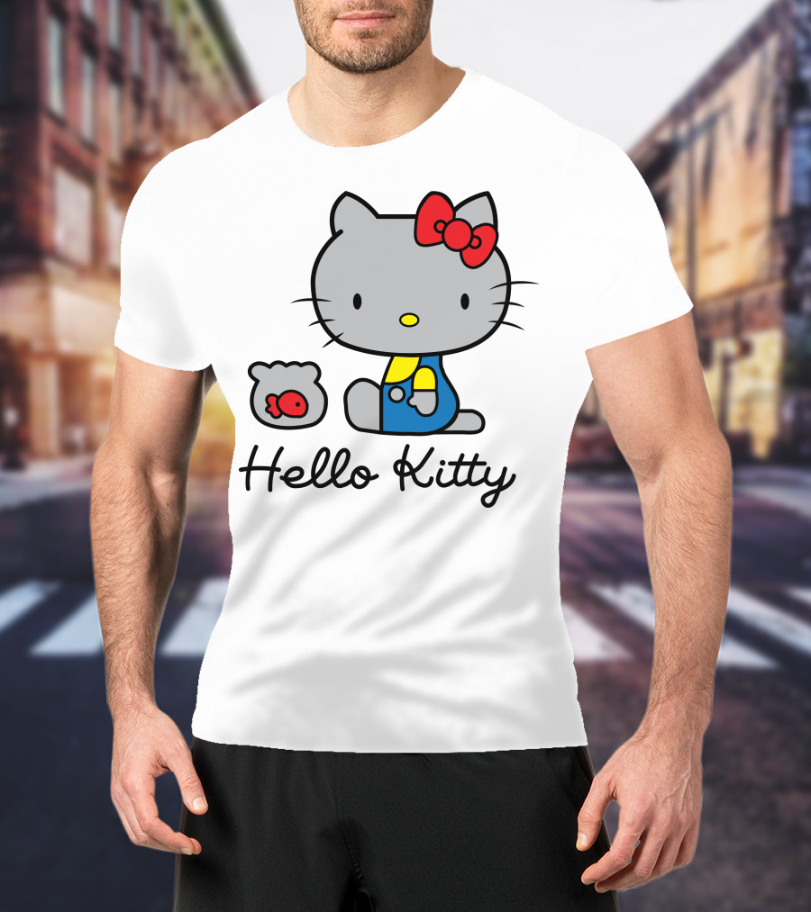 Hello Kitty Gray Cat With Red Bow And Fish Bowl T-Shirt