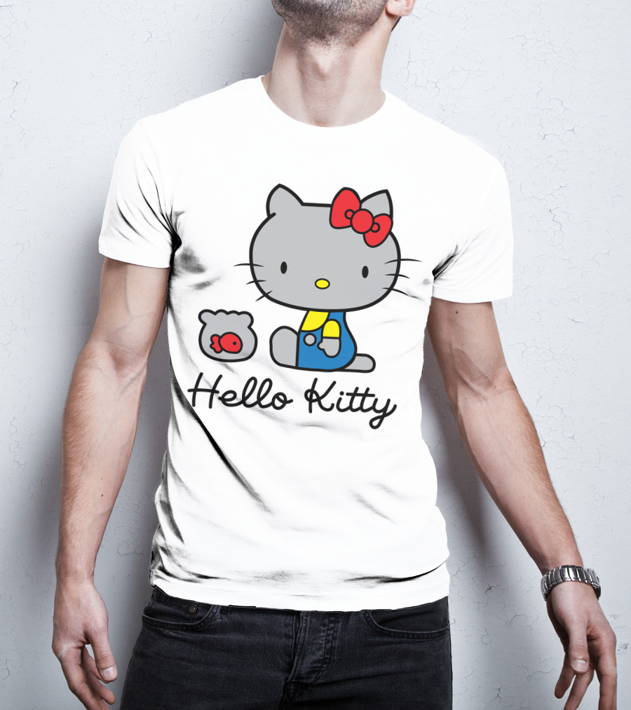 Hello Kitty Gray Cat With Red Bow And Fish Bowl T-Shirt