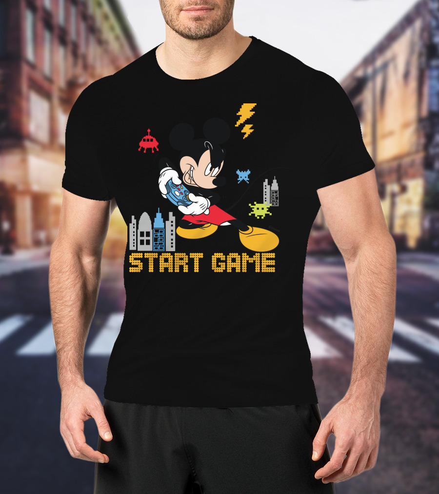Mickey Holding Controller Retro Gaming City Start Game T-Shirt