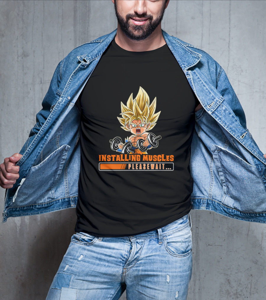 Installing Muscles Please Wait Super Saiyan Dumbbells Fitness Power Up T-Shirt