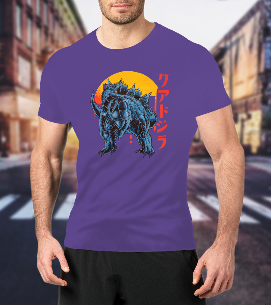 Raging Tobey Raskolapparel Quadzilla Kaiju Monster Retro Sunset Kanji T-Shirt