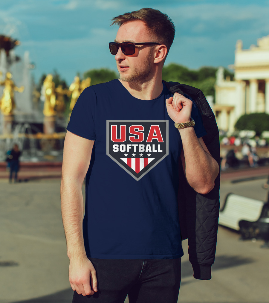 USA Softball Store Logo With Stars And Stripes Home Plate T-Shirt