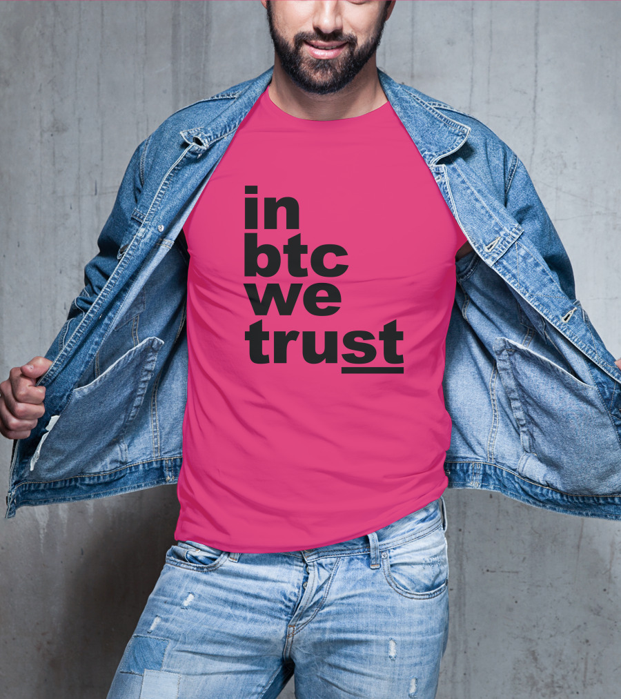 Bitcoin Merch In BTC We Trust Bold Text Pink Background T-Shirt