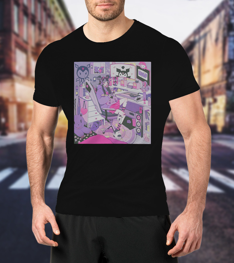 Kiru Made Fuku Mono Lavender Mood Vacuum Anime Gaming Room With Kuro Plushies And Headset Gamer Girl T-Shirt