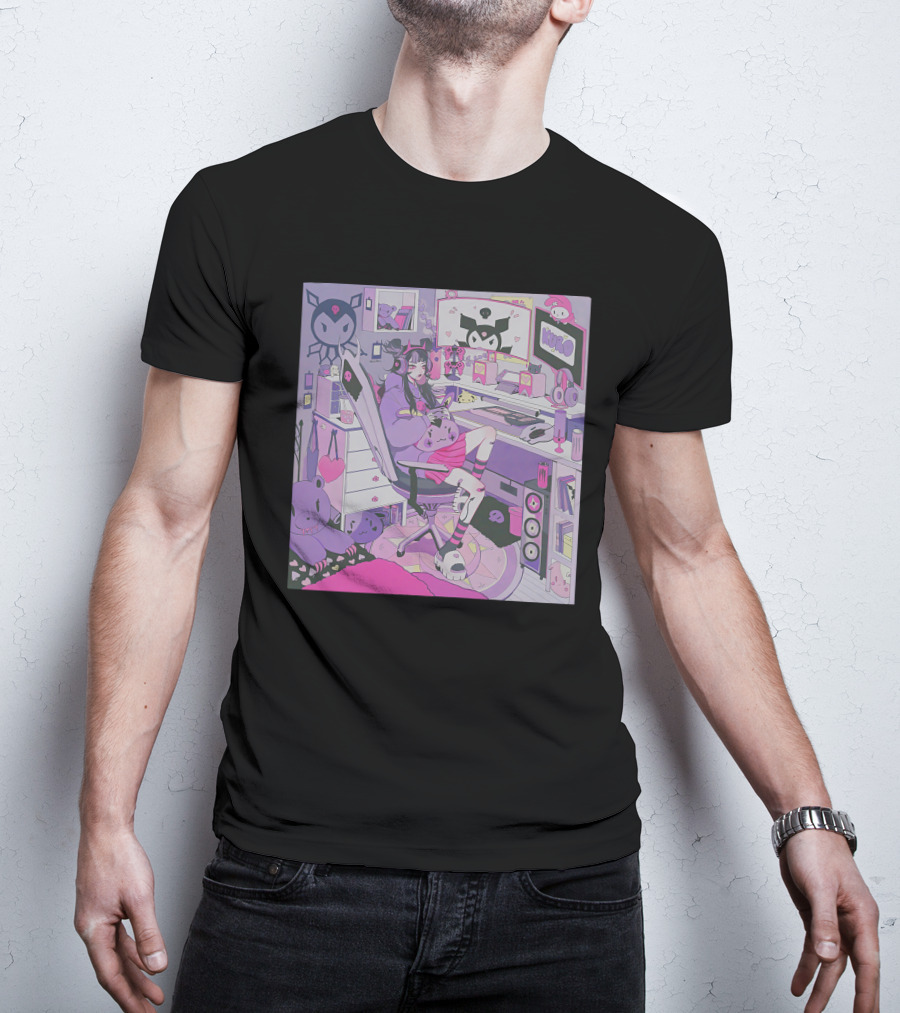 Kiru Made Fuku Mono Lavender Mood Vacuum Anime Gaming Room With Kuro Plushies And Headset Gamer Girl T-Shirt