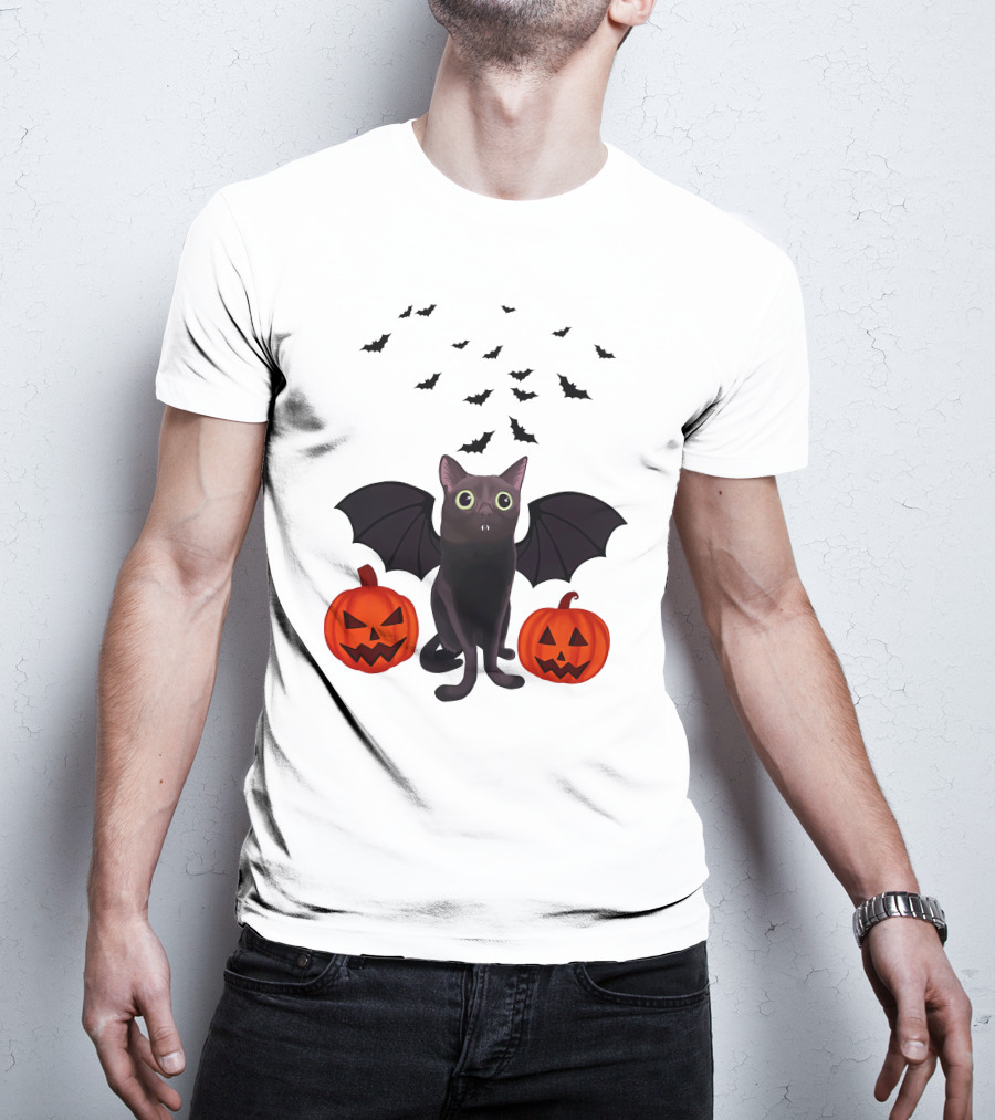 Bigfootjinx Merch Halloween Bat Jinx Black Cat With Pumpkin Jack-o'-Lanterns And Flying Bats T-Shirt