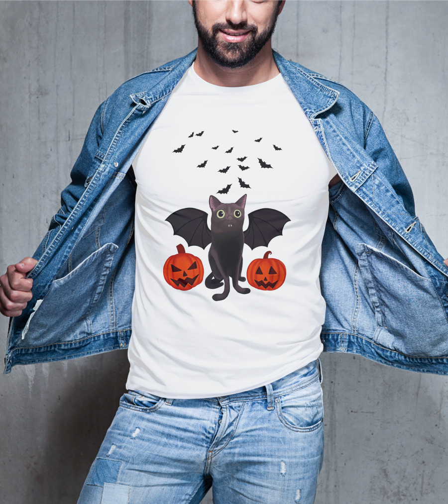 Bigfootjinx Merch Halloween Bat Jinx Black Cat With Pumpkin Jack-o'-Lanterns And Flying Bats T-Shirt