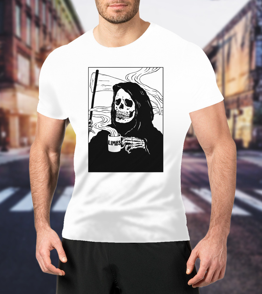 Chelsea Grin Down Right Merch Limbs Coffee Reaper Skeleton Holding Scythe And Mug T-Shirt