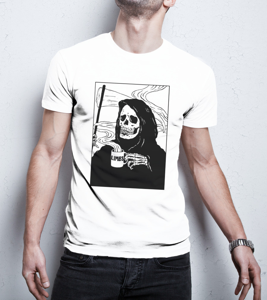 Chelsea Grin Down Right Merch Limbs Coffee Reaper Skeleton Holding Scythe And Mug T-Shirt