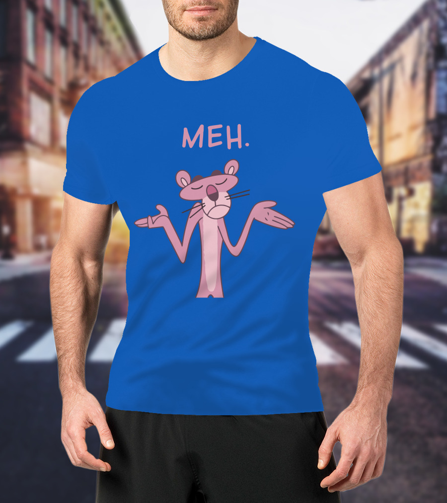 Qwertee Pink Panther Meh Apathy Blue Background T-Shirt