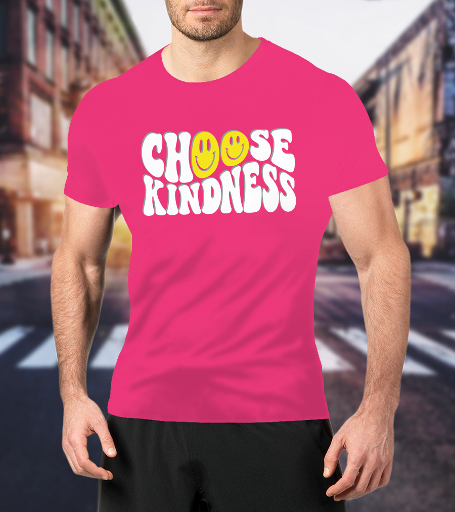 Miss Natali S Choose Kindness Smiley Face Groovy Font Pink Background T-Shirt
