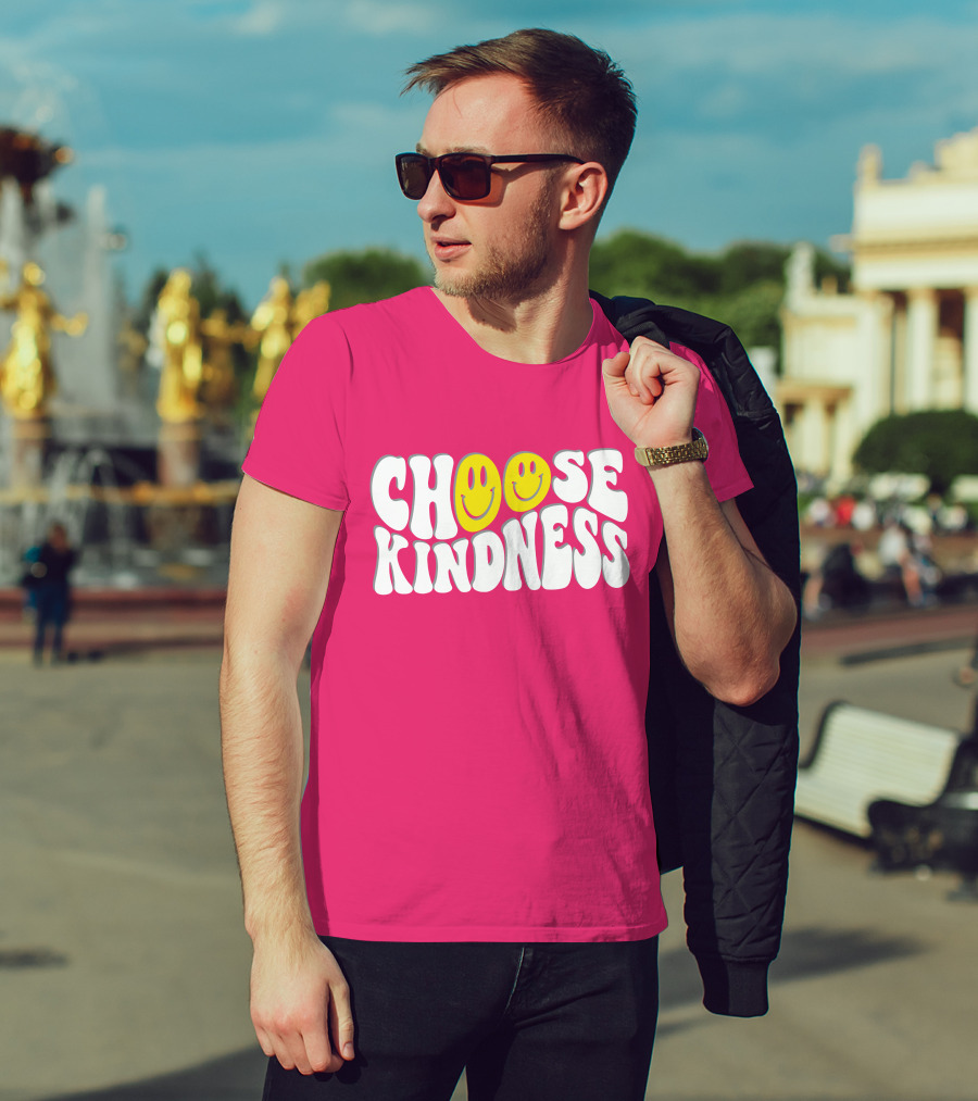 Miss Natali S Choose Kindness Smiley Face Groovy Font Pink Background T-Shirt