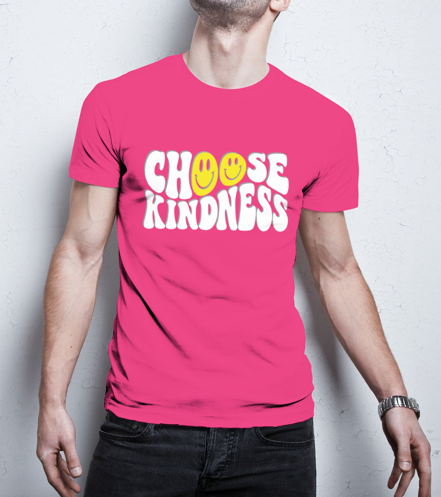 Miss Natali S Choose Kindness Smiley Face Groovy Font Pink Background T-Shirt