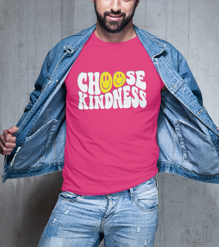 Miss Natali S Choose Kindness Smiley Face Groovy Font Pink Background T-Shirt