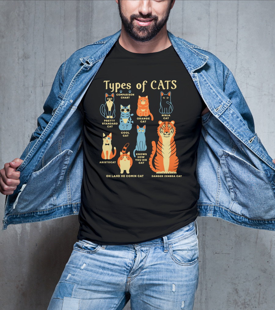 Types Of Cats Comparison Chart Pretty Standard Cat Orange Cat Ninja Cat Cool Cat Aristocat Danger Zenbra Cat Knows How You Die Cat Oh Land He Comin Cat T-Shirt