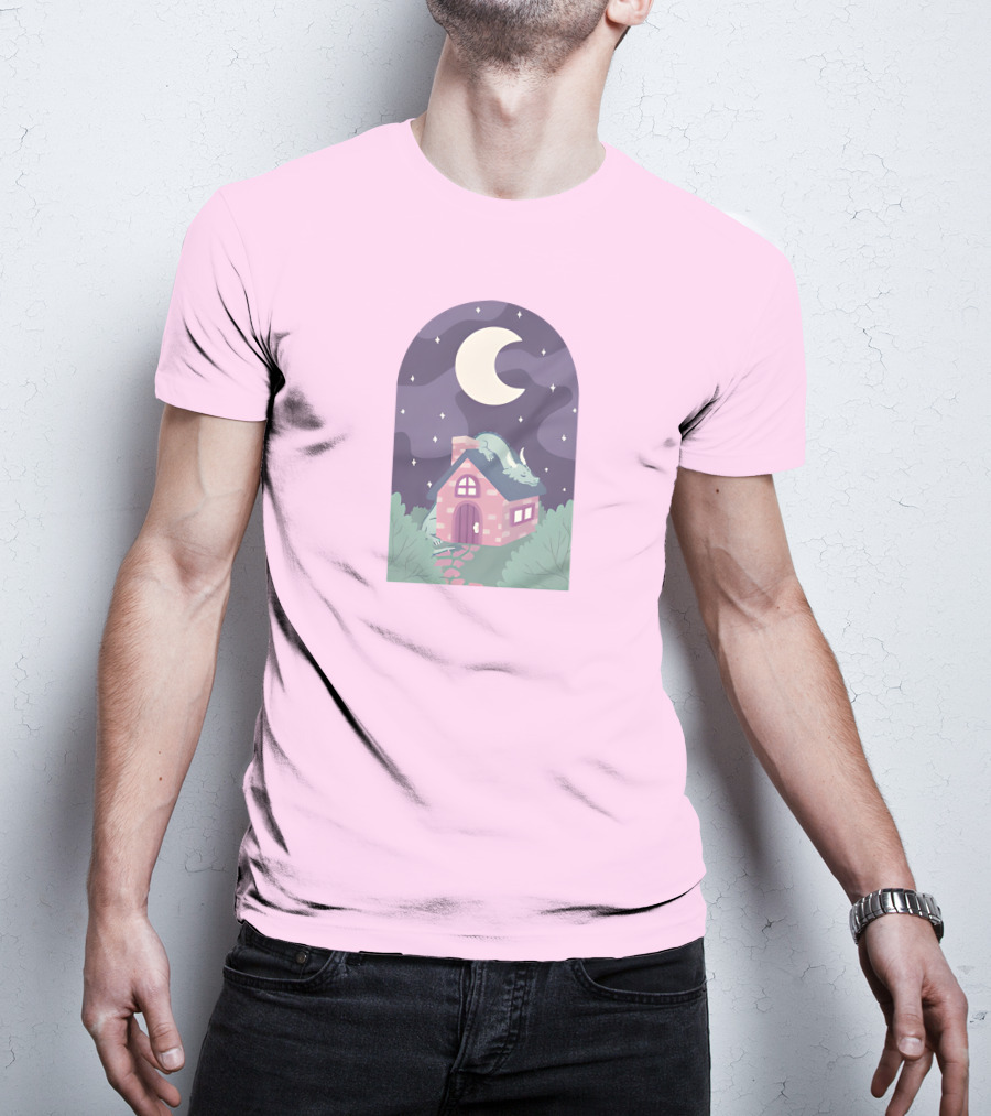 Sleepy Draginn Under Night Sky Crescent Moon Pastel Cottage T-Shirt
