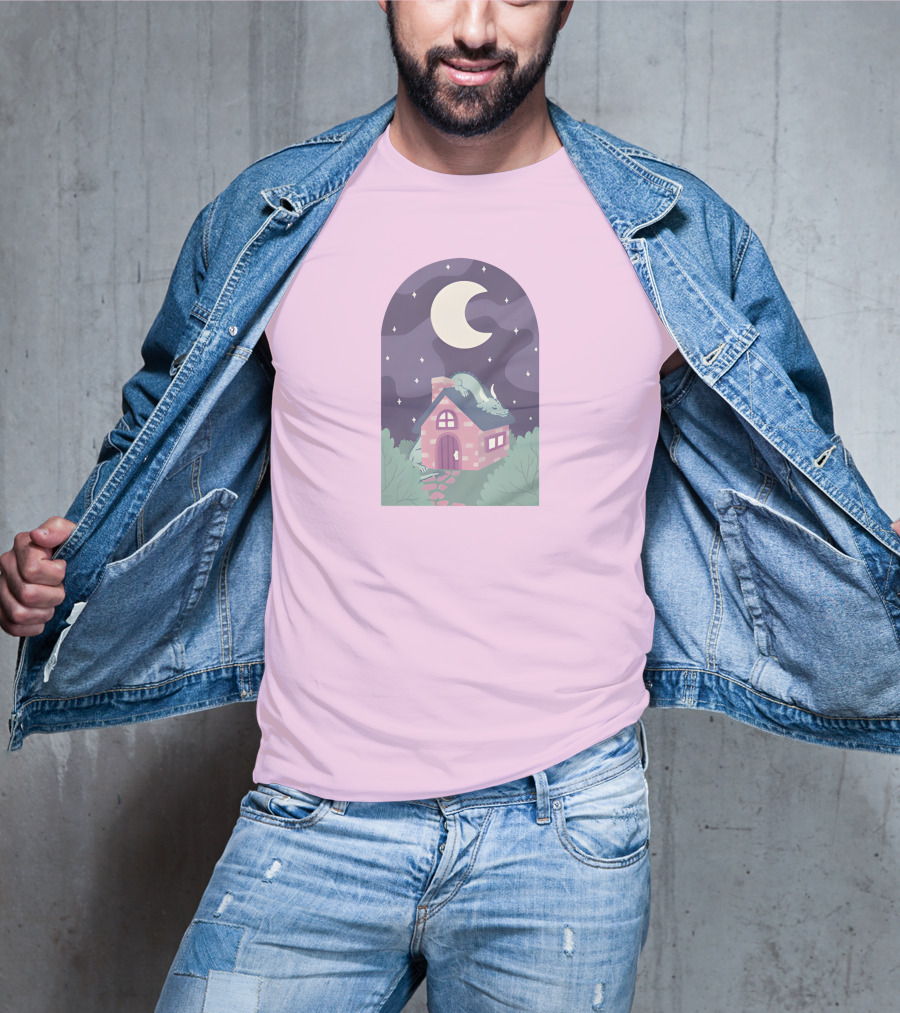 Sleepy Draginn Under Night Sky Crescent Moon Pastel Cottage T-Shirt
