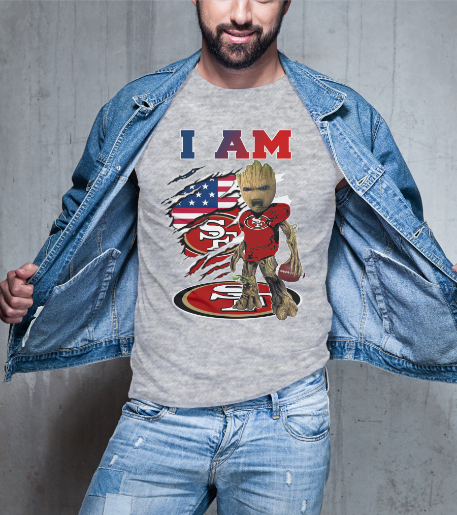 I Am 49ers Baby Groot Football Usa Flag Swoosh T-Shirt