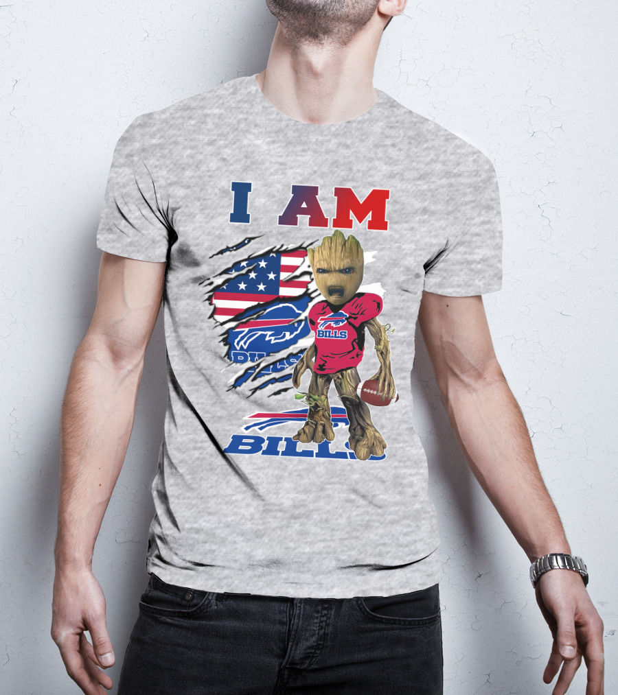 I Am Bills Baby Groot Football Fan With American Flag And Team T-Shirt