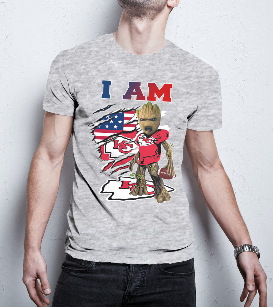 I Am Kc Chiefs Baby Groot Football Usa Flag T-Shirt