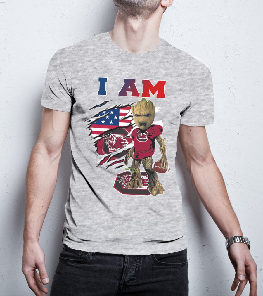 I Am Gamecocks Baby Groot Football American Flag T-Shirt