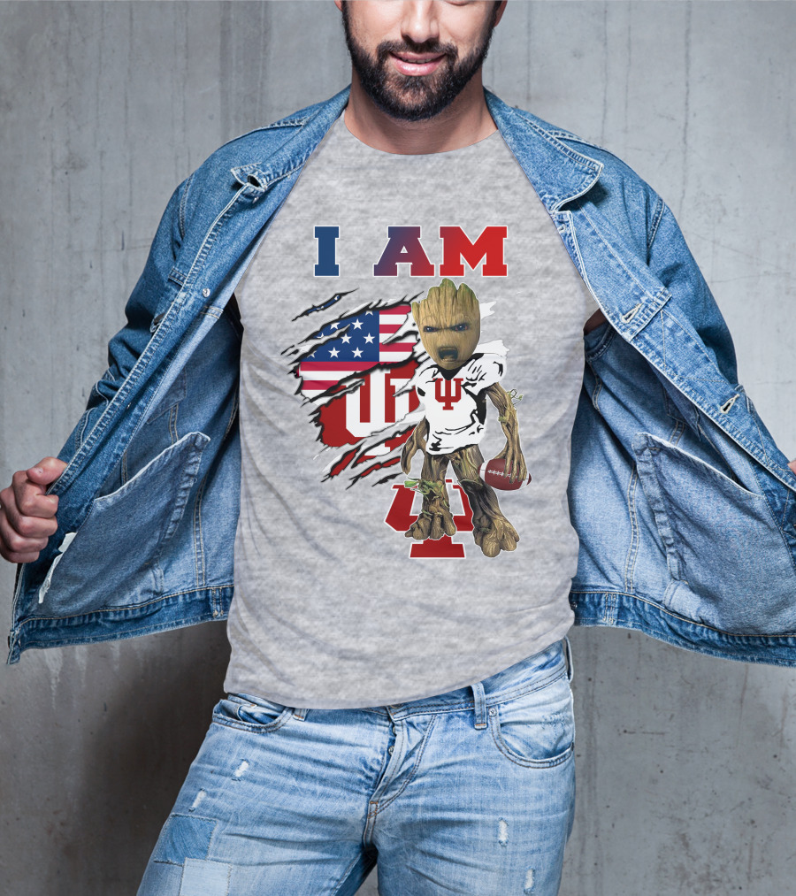 I AM Indiana University Hosiers Baby Groot Football USA Flag T-Shirt