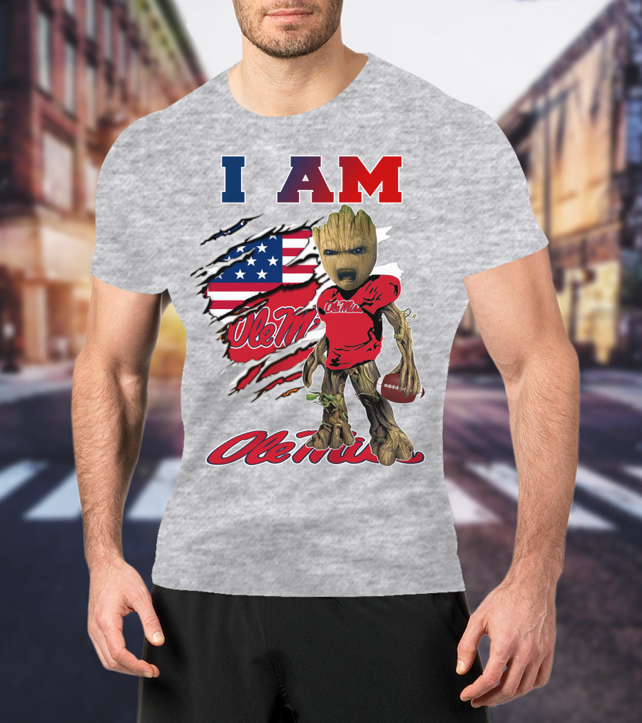I Am Ole Miss Baby Groot Usa Flag Football T-Shirt