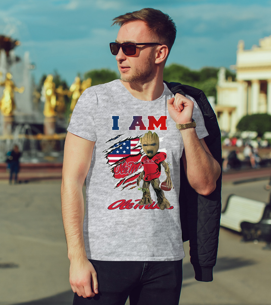 I Am Ole Miss Baby Groot Usa Flag Football T-Shirt