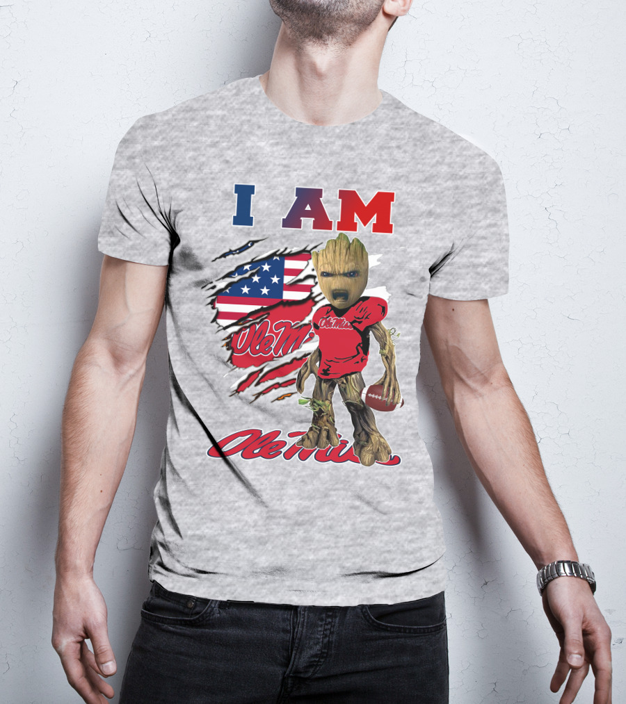 I Am Ole Miss Baby Groot Usa Flag Football T-Shirt
