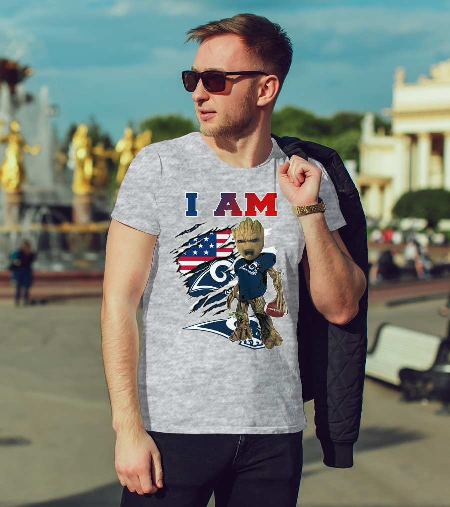 I AM Rams Baby Groot Football American Flag T-Shirt