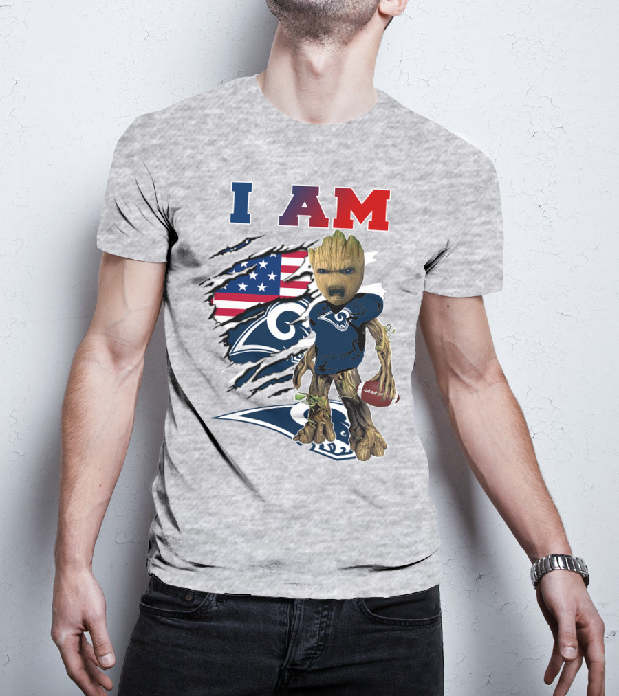 I AM Rams Baby Groot Football American Flag T-Shirt