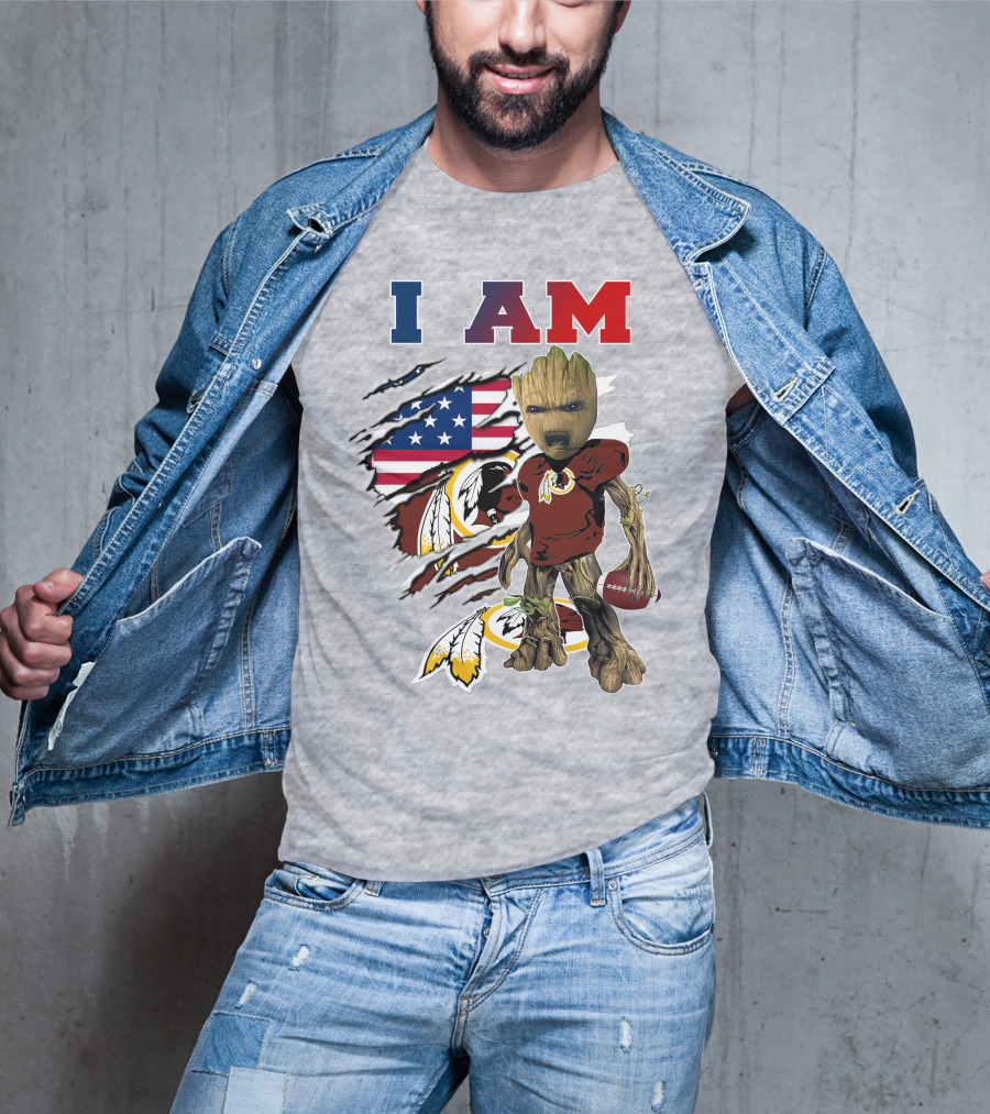 I AM Redskin Baby Groot Football USA Flag T-Shirt