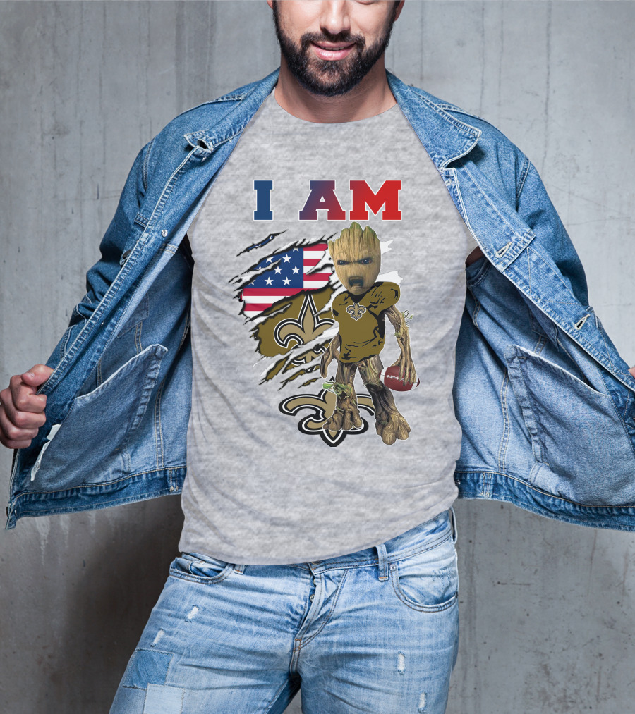 I Am Saints Baby Groot Nfl Football Fleur-De-Lis Usa Flag T-Shirt