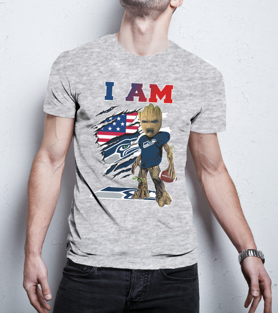 I AM Seahawks Baby Groot Football American Flag T-Shirt