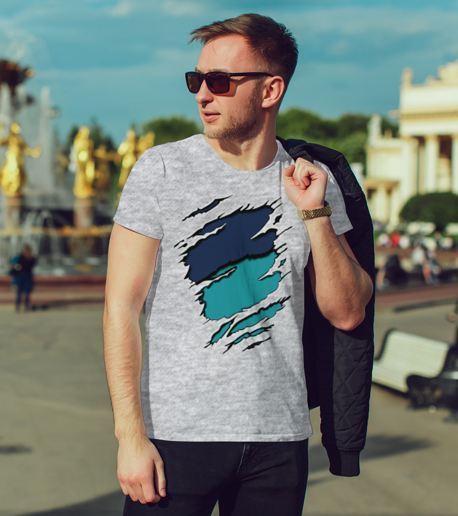 Yan-Dolphins19 Navy Teal Torn T-Shirt