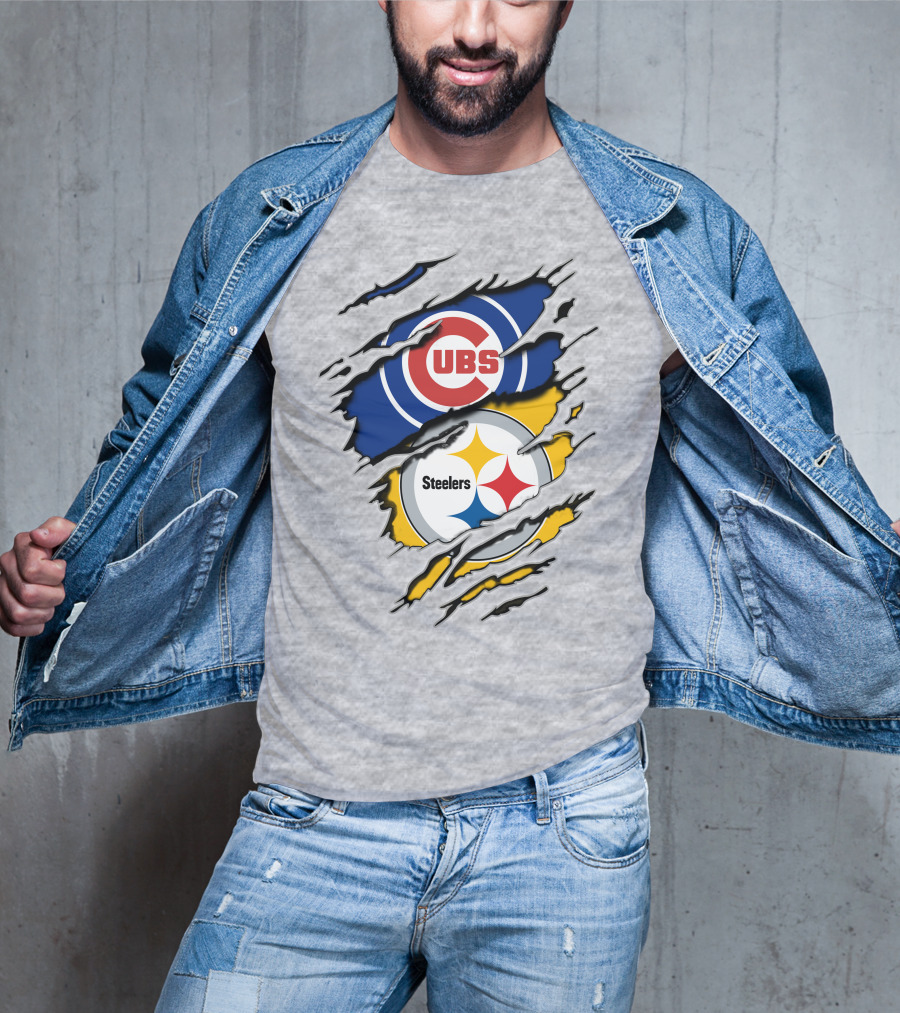 Steelers Cubs Logos With Torn Fabric T-Shirt