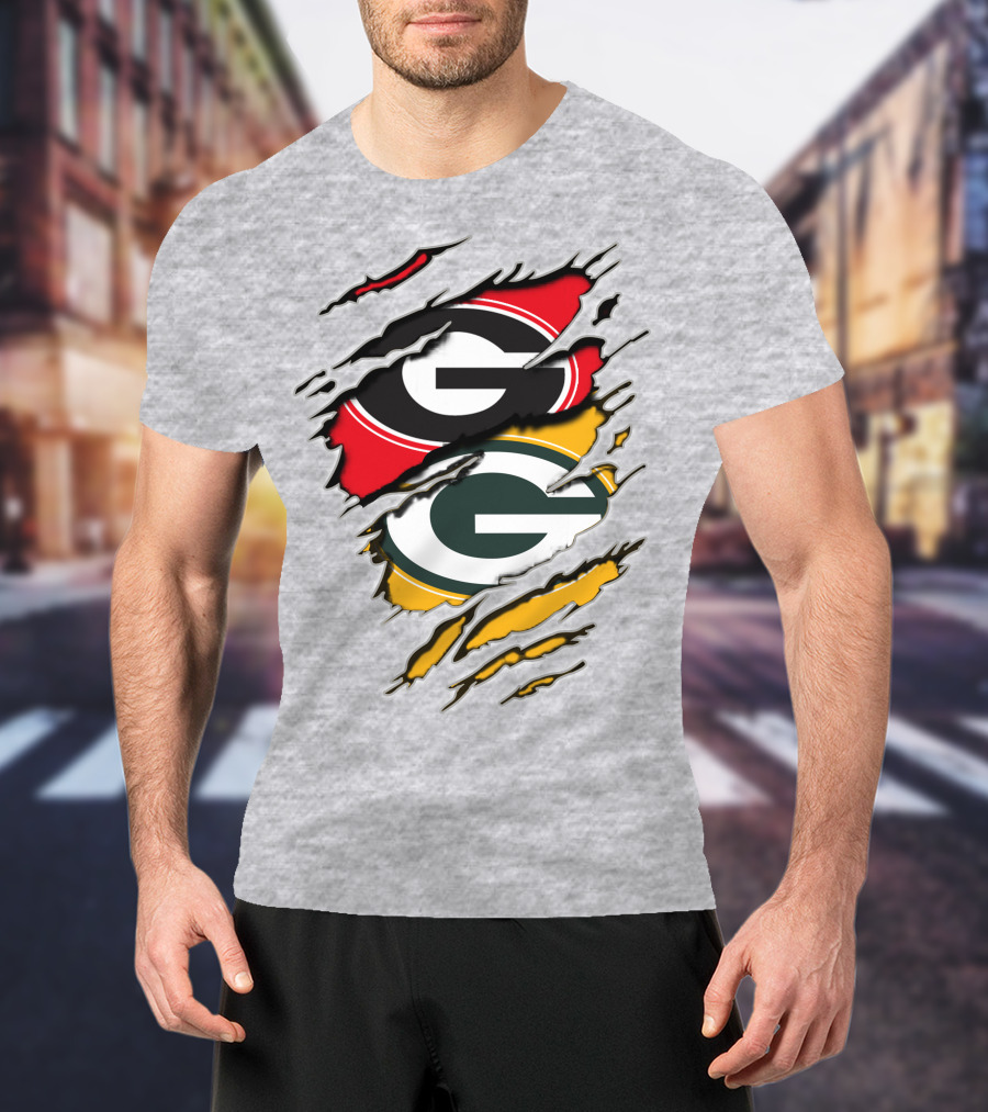 Green Bay Packers Georgia Bulldogs Dual Logo Rip Claw Marks T-Shirt