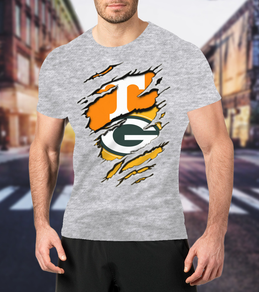 Tennessee Vols And Green Bay Packers Torn Logo Fusion T-Shirt