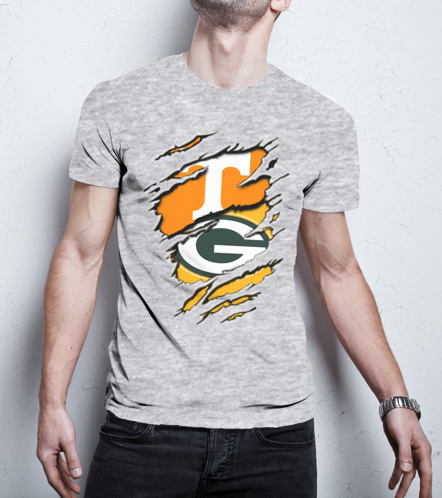 Tennessee Vols And Green Bay Packers Torn Logo Fusion T-Shirt