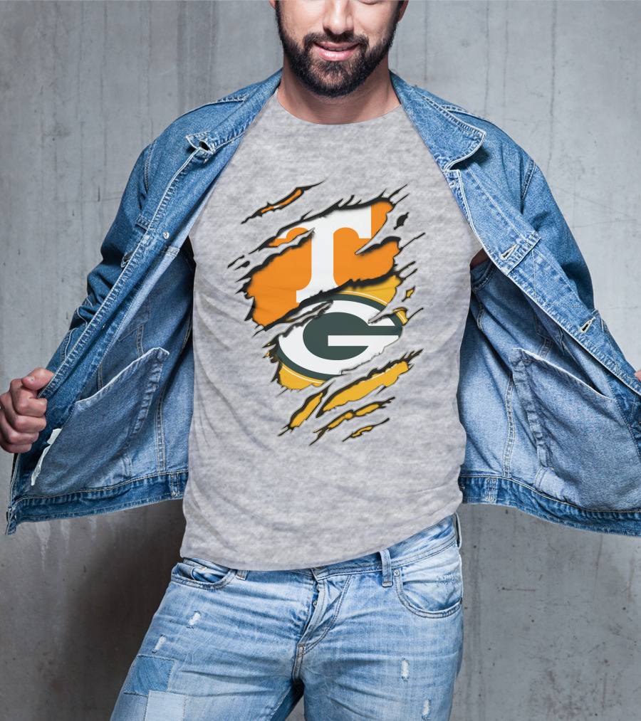 Tennessee Vols And Green Bay Packers Torn Logo Fusion T-Shirt