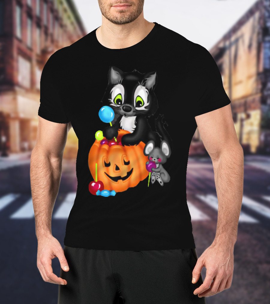Halowen Cute Cat And Mouse With Candy And Pumpkin T-Shirt
