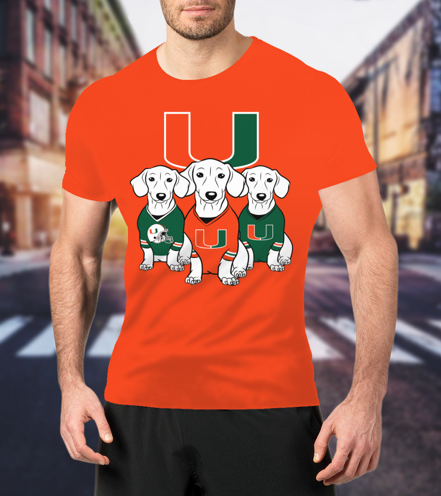 Miami Hurricanes U Logo With Dogs In Team Jerseys T-Shirt