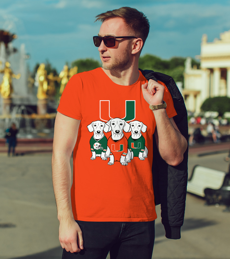 Miami Hurricanes U Logo With Dogs In Team Jerseys T-Shirt