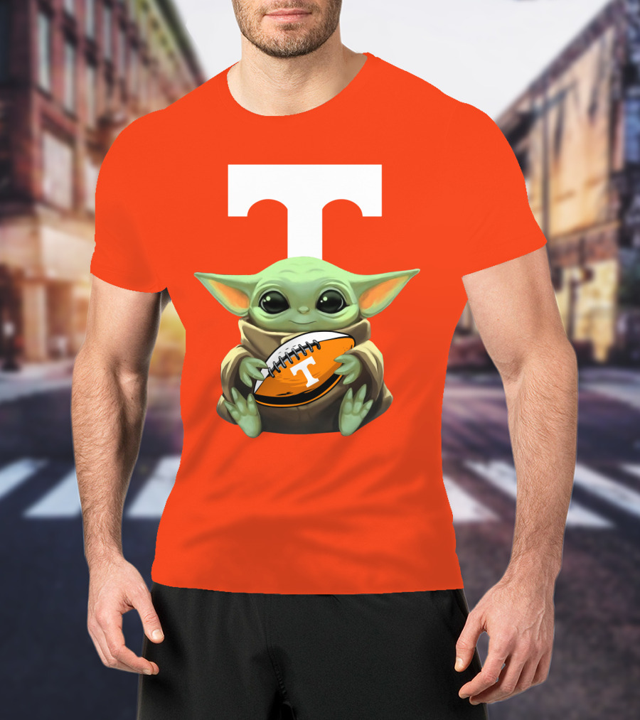 Baby Yoda Holding Tennessee Volunteers Football Ball T-Shirt
