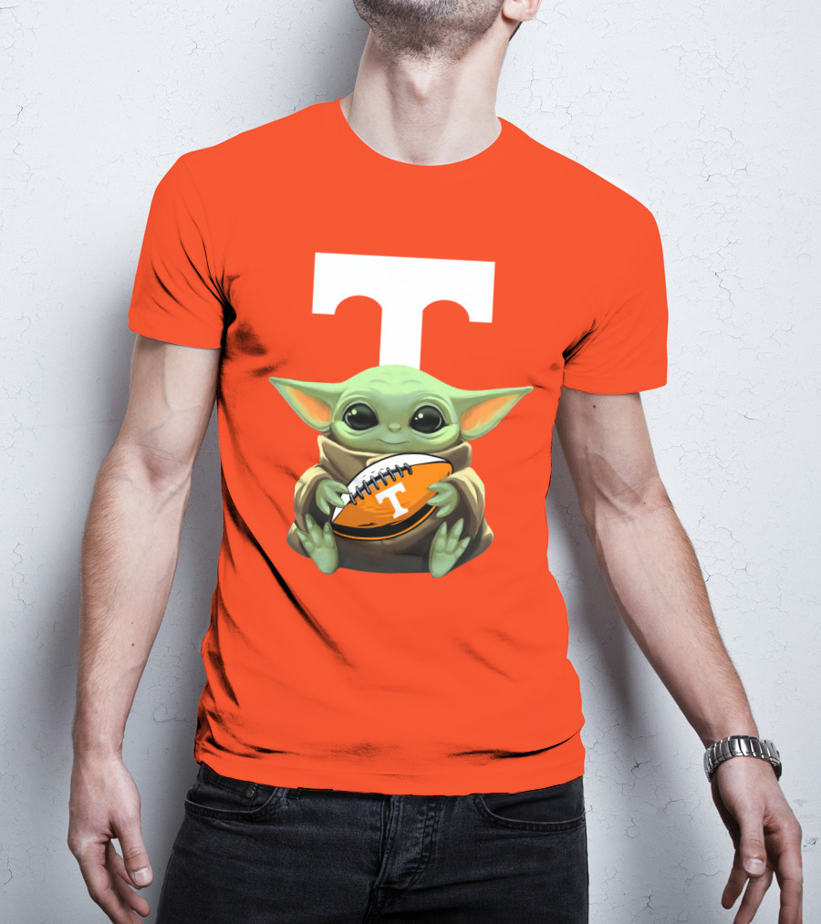 Baby Yoda Holding Tennessee Volunteers Football Ball T-Shirt