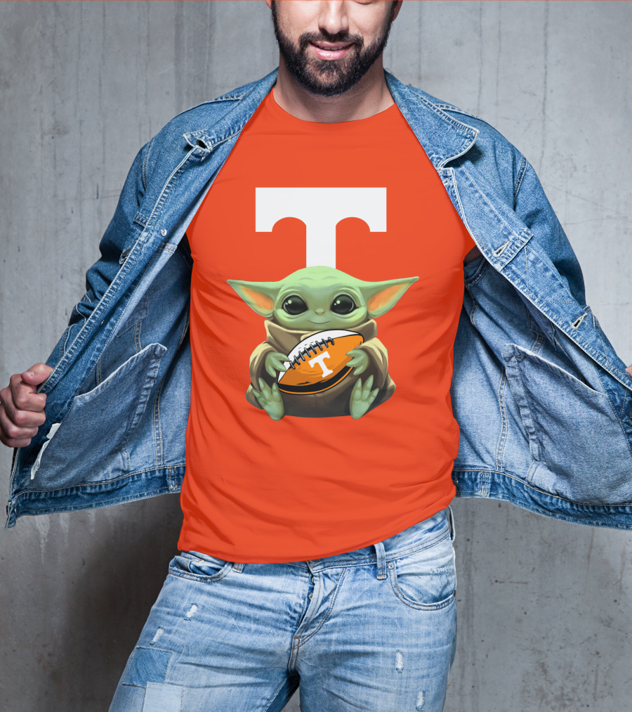 Baby Yoda Holding Tennessee Volunteers Football Ball T-Shirt