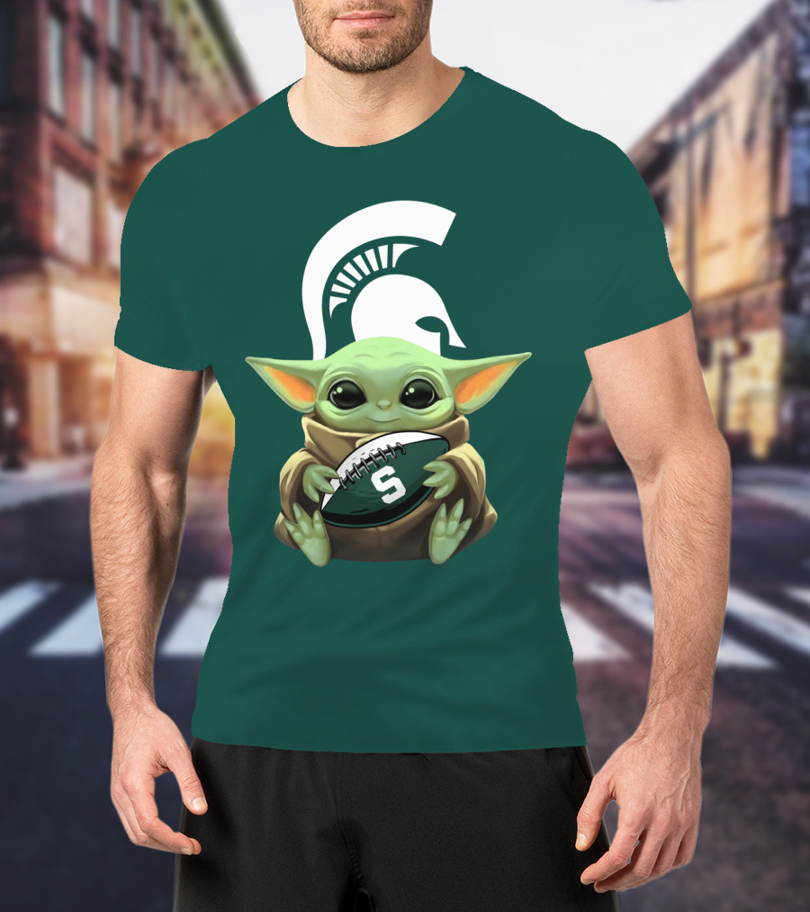 Baby Yoda Holding Football With Michigan State Spartans Helmet T-Shirt
